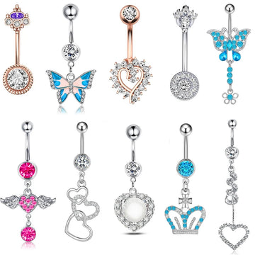 DAIIIBABYYY  -  Fashion Crystal Stainless Steel Flower Butterfly Belly Piercing for Women Silver Color Belly Button Rings Body Jewelry